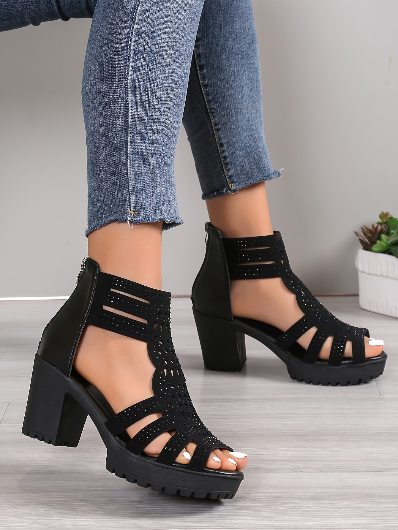 Stylish High Heel Womens Sandals - Rhinestone Decorated, Chunky Block Heel, Open Toe, Hollow Out Design, Back Zipper, Fabric Insole, EVA Sole, Ankle-Strap, Random Printing, Perfect for Summer Fashion and Dress Occasions