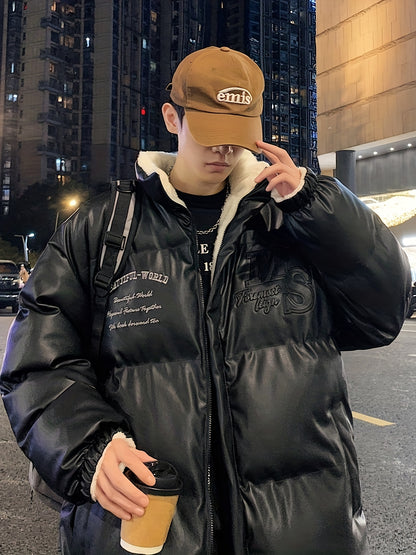 Men's Stylish Alphabets Faux Down Jacket With Pockets, Casual Breathable Lapel Zip Up Long Sleeve Warm Top For Winter City Walk Street Hanging Outdoor Activities