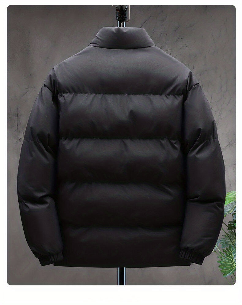 Plus Size Mens Puffer Jacket - Vibrant Solid Color, Classic Band Collar, Warm and Comfortable Design for Fall and Winter Seasons - Mens Clothing Essential