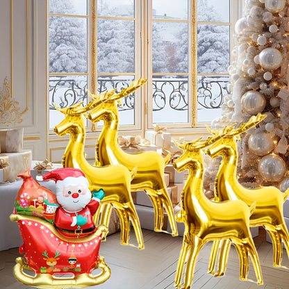 2Pcs Christmas Reindeer Sleigh Santa Balloon Set, 32" Golden Reindeer & Red Sled with Santa, Self-Sealing Aluminum Film Balloons for Christmas & New Year Party Decorations, Winter Holiday Decoration, No Electricity Needed