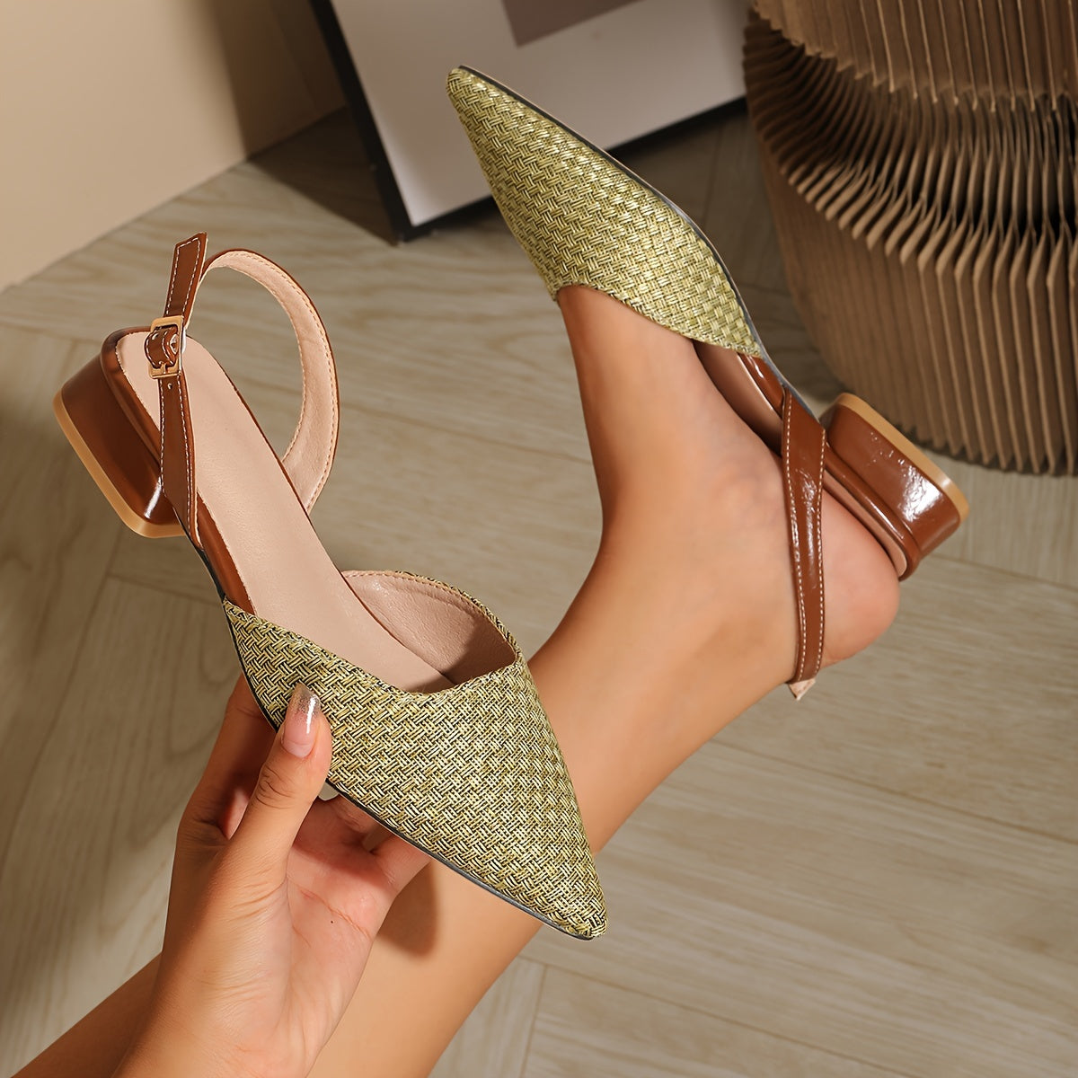 Qibusleen Women's Classic Pointed Toe Block Heel Pumps Shoes, 1.06-Inch Low Slingback Heels Slip on Mules for Women, Walking Shopping Summer Casual Dress Shoes