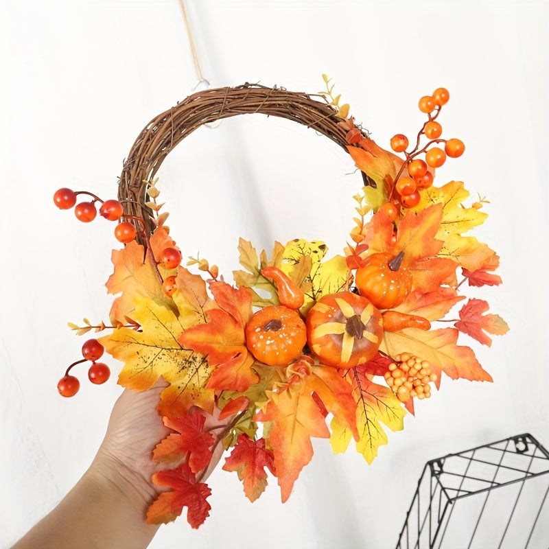 Autumn Harvest 15.8" Artificial Pumpkin & Maple Leaf Wreath - Perfect for Thanksgiving, Halloween, and Christmas Decor | Versatile Indoor/Outdoor Wall Hanging
