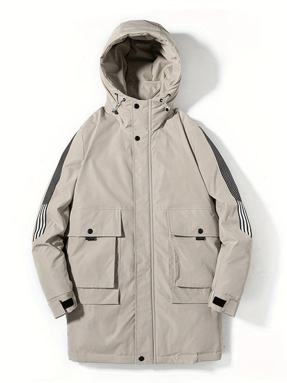 Lightweight Hooded Puffer Jacket, Men's Warm Big Pockets White Duck Down Coat For Winter Outdoor, Men's Parka