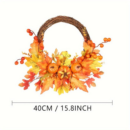 Autumn Harvest 15.8" Artificial Pumpkin & Maple Leaf Wreath - Perfect for Thanksgiving, Halloween, and Christmas Decor | Versatile Indoor/Outdoor Wall Hanging