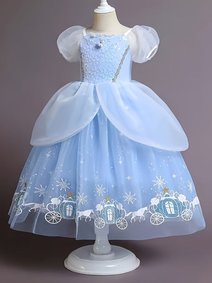 2 Pieces Princess Tutu Dress Set: Dreamy Mesh Short Sleeve Puff Flower Decor Dress + Gloves for Girls, Perfect for Party, Gift, Performance, Carnival, Halloween, and Prom
