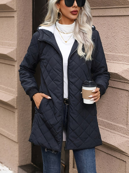 Quilted Full Zip Hooded Down Coat, Casual Solid Color Long Sleeve Pocket Down Coat For Fall & Winter, Women's Clothing