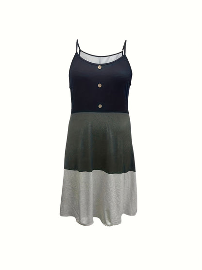 VAKKV  Plus Size Color Block Cami Dress with Button Front - Fashionable & Flattering for Spring & Summer - Adjustable Spaghetti Straps, Crew Neck, Casual Style - Womens Plus Size Clothing for Warm Weather