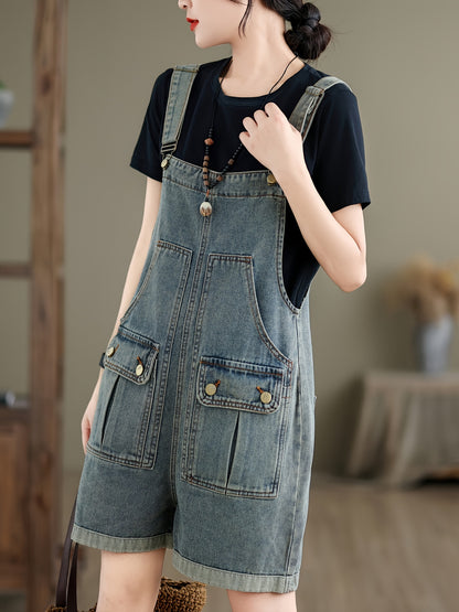 Plain Washed Blue Flap Pocket Adjustable Strap Retro Style Roll Up Hem Denim Overalls Shortalls Dungarees, Women's Denim Jeans & Clothing