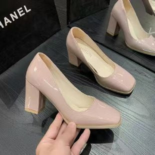 Women's Chunky Low Heels, Solid Color Square Toe Slip On Shoes, All-Match Court Pumps