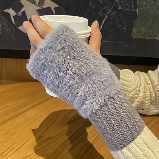 Women's Faux Fur Knitted Half-Finger Gloves, 2-Pack, Elastic Warm Winter Gloves for Office, Casual Outings, Hand Washable, Warmth & Comfort, Windproof Design