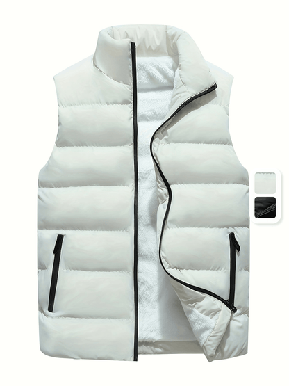 Men's Solid Sleeveless Stand Collar Down Jacket Vest With Zip Up And Pockets, Casual And Warm Tops For Autumn And Winter Wear