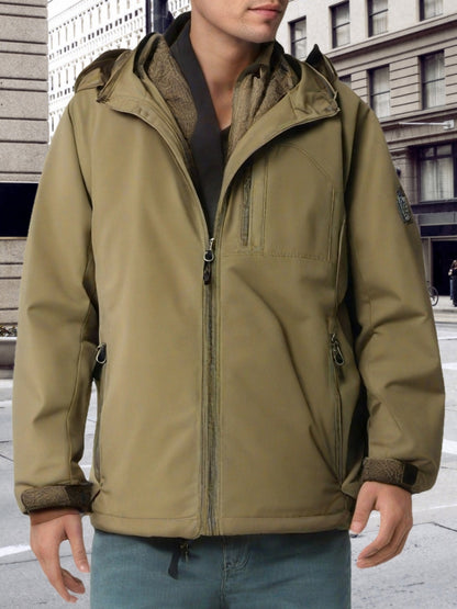 Men's Solid Hooded Long Sleeve And Zipper Down Windbreaker Jacket With Pockets And Detachable Hood, Casual And Chic Jackets For Outdoors Activities