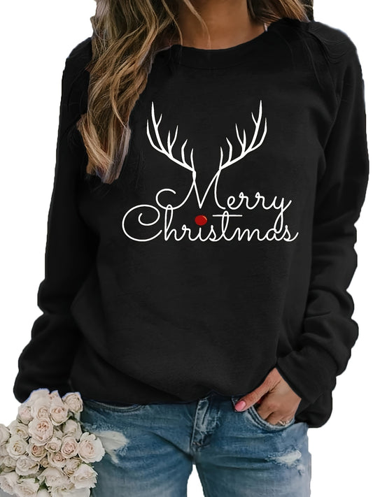 Women's Festive Christmas Print Sweatshirt - Casual Crew Neck, Long Sleeve Pullover for Fall & Spring, Cotton Blend
