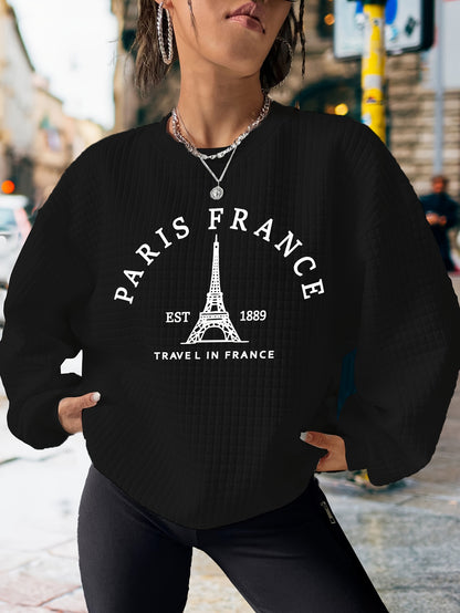 Womens Casual Long Sleeve Crew Neck Waffle Sweatshirt - Soft Micro Elasticity Polyester Fabric, Alphabets Patterned with Paris Letter & Eiffel Tower Print, Customized Knit Fabric, Fall/Winter Season, No Sheer - Perfect for Everyday Wear