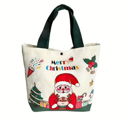 1pc Festive Canvas Tote Bag, Merry Christmas & Happy New Year 2025 Design, Santa Claus & Reindeer Print, Holiday Gift & Grocery Handbag, Uncharged, Durable Material