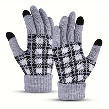 Thickened Full Finger Gloves - Warm, Touchscreen, Windproof, and Coldproof for Weekend Casual Sports - Acrylic Knit with Elasticity and Classic Contrast Color Plaid Design