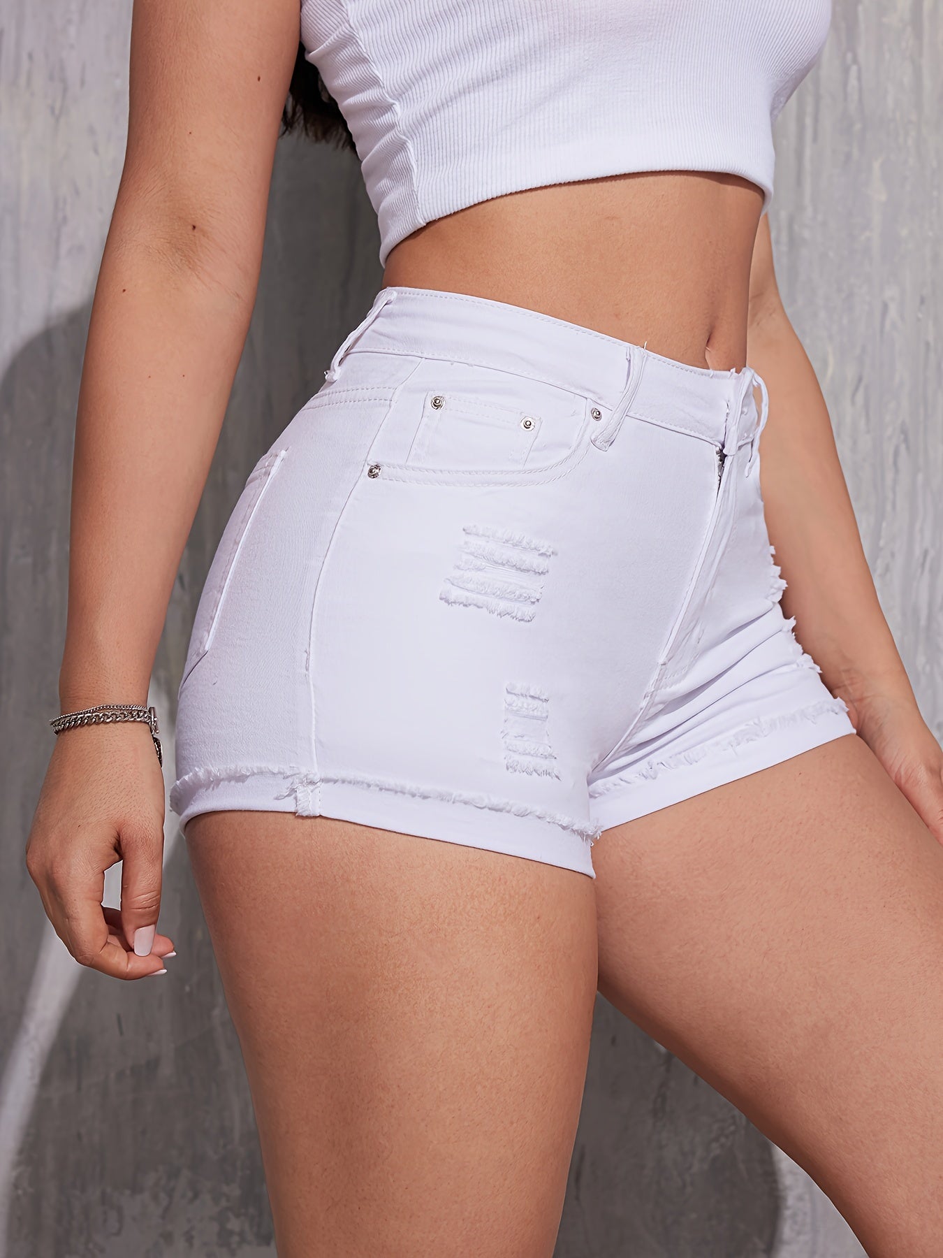 Trendy Ripped & Distressed Denim Shorts - White Stretchy Fabric, Cuffed with Raw Hem - Versatile Summer Wear for Women
