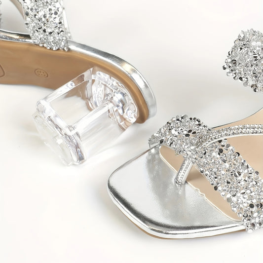 Shimmering Summer Glam - Square Toe Rhinestone Sandals - PVC Transparent Clip Toe Muller Shoes for Fashion-Forward Women