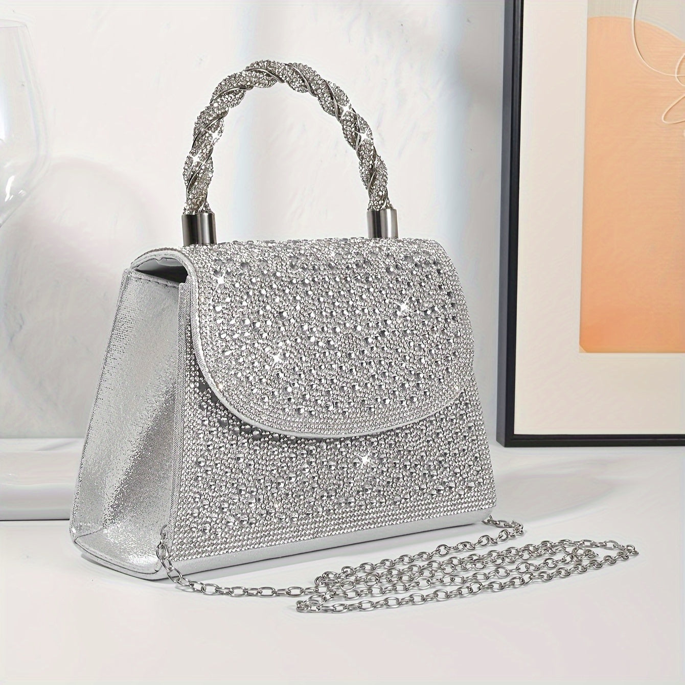 Mini Glitter Rhinestone Satchel Dinner Bag - Shiny Silvery Magnetic Closure Party Flap Handbag with Polyester Lining for Women - Solid Color, Decorative, Sparkling, and Elegant Accessory for Special Occasions