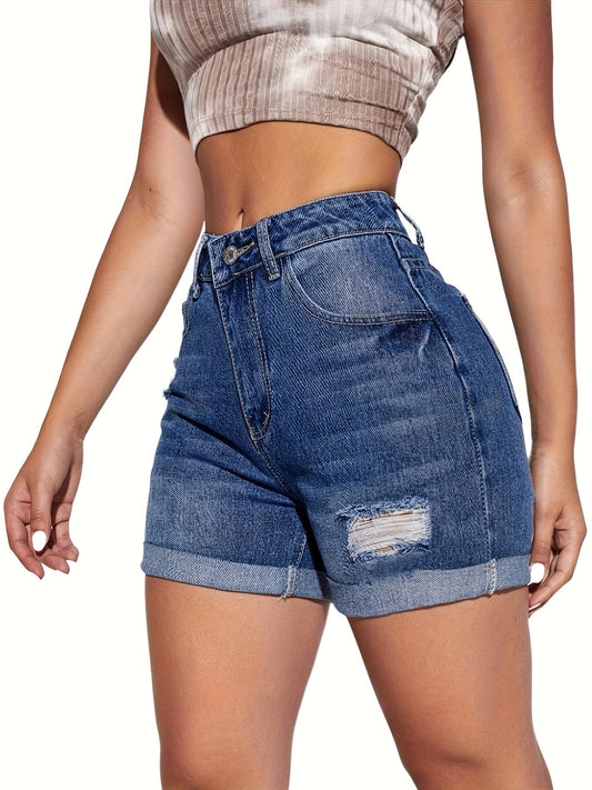 Women's High waisted Fashion Tight Stretch Slim Ripped Holes Short Jeans High Quality Shorts