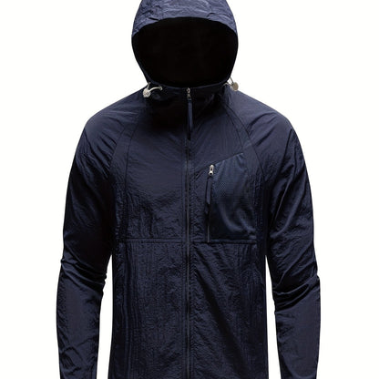 Men's Solid Color Hooded Long Sleeve Zipper Down Sun Protection Jacket With Pockets, Lightweight And Comfy Jacket Suitable For Outdoors Wear