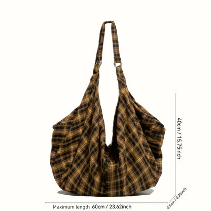 Chic Rock-Inspired Plaid Canvas Backpack - Spacious & Versatile for Work or Casual Outings, Durable Shoulder Straps, Zip Closure