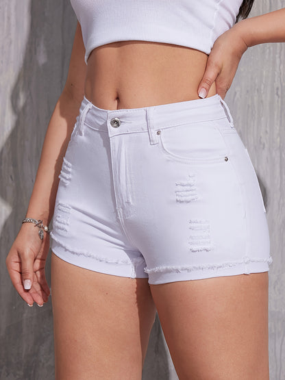 Trendy Ripped & Distressed Denim Shorts - White Stretchy Fabric, Cuffed with Raw Hem - Versatile Summer Wear for Women