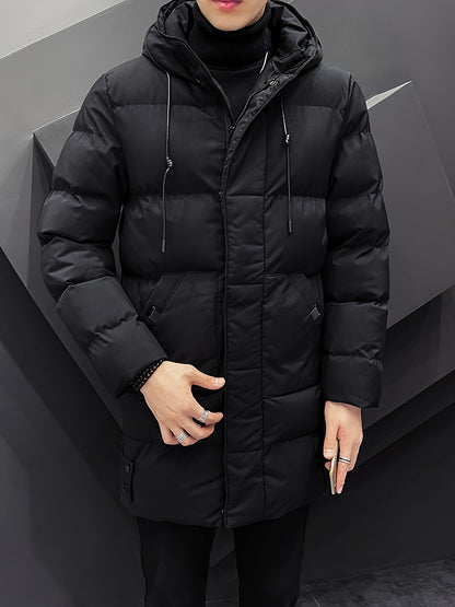 Men's Warm Puffer Coat, Casual Slightly Stretch Breathable Hooded Down Jacket For Outdoor Winter
