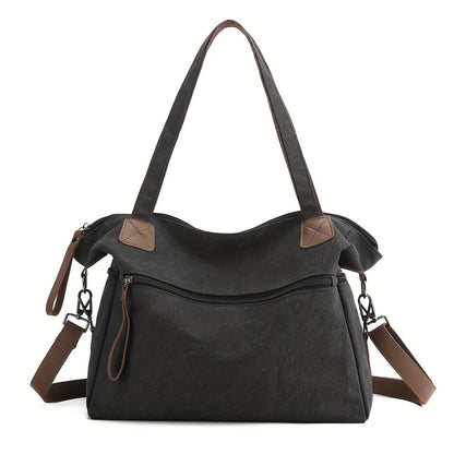 Large Capacity Vintage Style Canvas Tote Bag for Women - Adjustable Strap, Zipper Closure, Polyester Lined, Versatile for Work, Commuting, and Travel