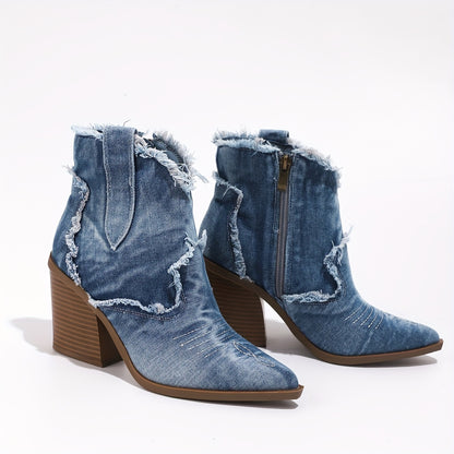 Womens Denim Western Boots - Sturdy & Stylish Chunky Heel, Pointed Toe, Side Zipper Closure - Retro Raw Trim Ankle Booties for a Cowgirl Chic Look