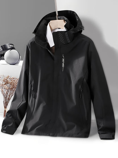 Men's Solid Color Hooded Zipper Down Windbreaker Jacket With Long Sleeve, Stand Collar And Removable Hood, Water And Wind Proof, Casual And Versatile Tops For Mountaineering And Outdoors Activities, Tops As Gifts