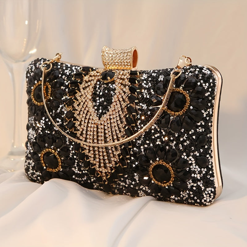 Glittering Vintage Rhinestone Evening Clutch - Elegant Ladies Cocktail Purse for Parties & Proms - Durable PU Material with Optional, Adjustable Chain Strap