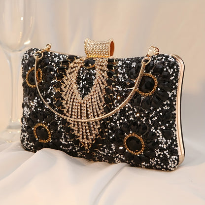 Glittering Vintage Rhinestone Evening Clutch - Elegant Ladies Cocktail Purse for Parties & Proms - Durable PU Material with Optional, Adjustable Chain Strap