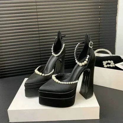 New Waterproof Platform Banquet Ladies Satin Sandals Plus Size Fashion Pearl Pumps 15 Cm High Heels Kq8