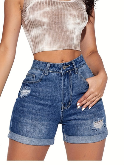 Women's High waisted Fashion Tight Stretch Slim Ripped Holes Short Jeans High Quality Shorts