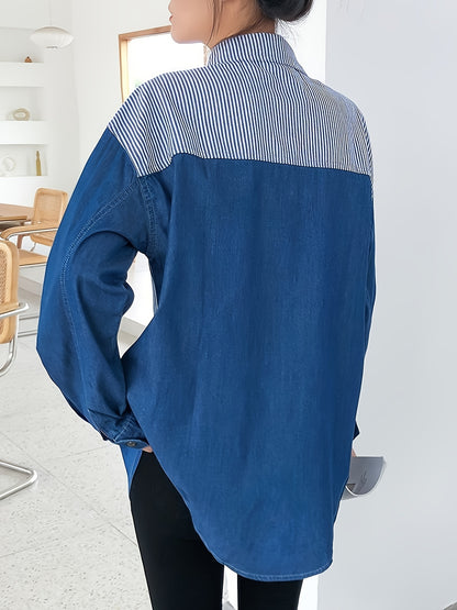 Long Sleeve Relaxed Fit Womens Denim Shirt Top - Soft Non-Stretch Fabric, Casual Polo Style, Color Block Patchwork Blue with Striped Details, Spring/Summer Collection, Button Front, Woven Construction