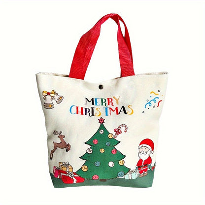1pc Festive Canvas Tote Bag, Merry Christmas & Happy New Year 2025 Design, Santa Claus & Reindeer Print, Holiday Gift & Grocery Handbag, Uncharged, Durable Material