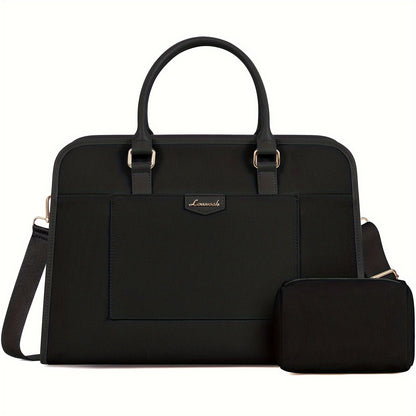 15.6 Inch Large Capacity Laptop Tote Bag for Women - Stylish, Lightweight, and Durable Canvas Briefcase with Padded Shoulder Strap and Multiple Compartments - Perfect for Office, College, and Casual Use - Black & Beige