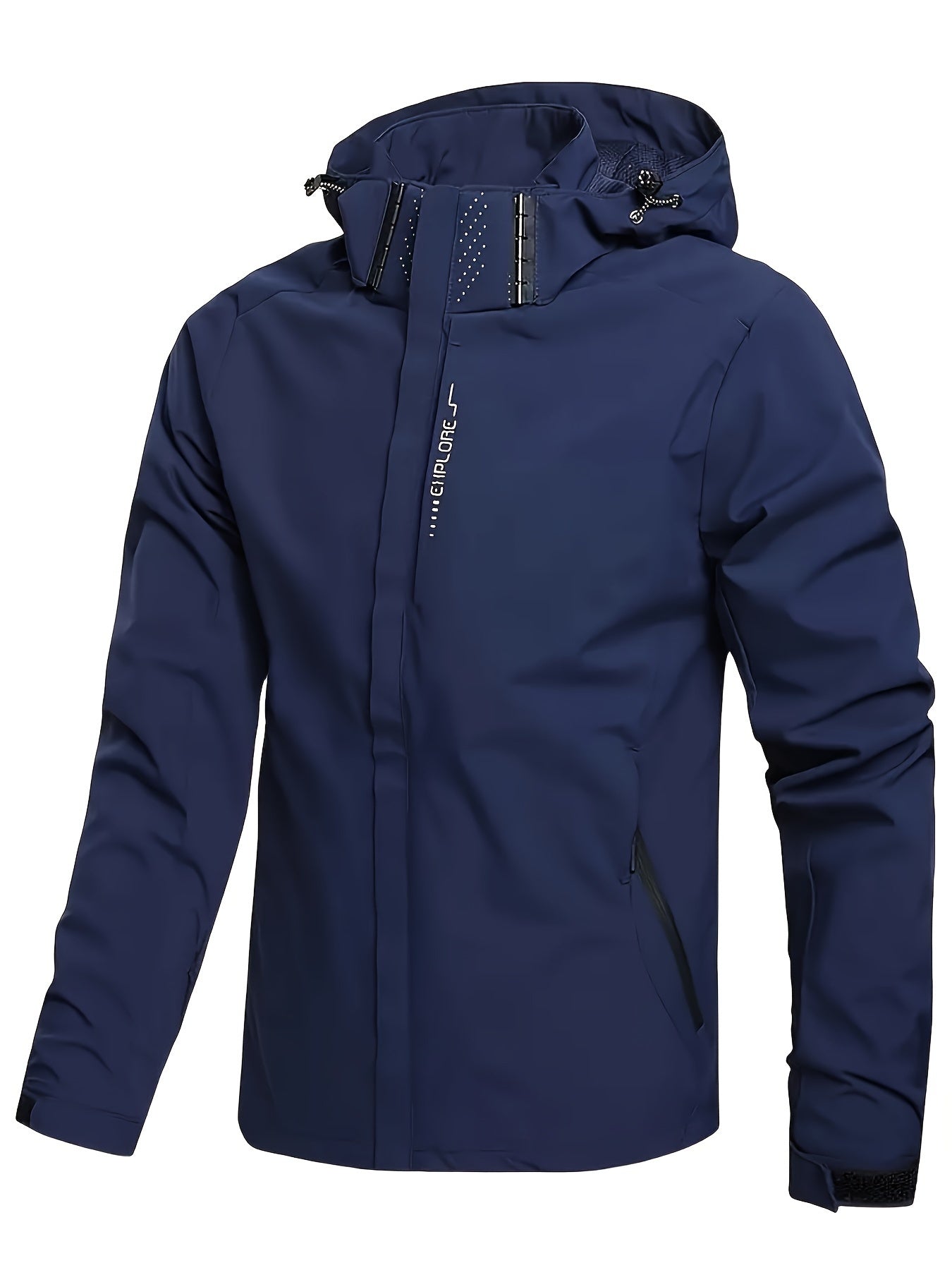Men's Solid Color Hooded Zipper Down Windbreaker Jacket With Long Sleeve, Stand Collar And Removable Hood, Water And Wind Proof, Casual And Versatile Tops For Mountaineering And Outdoors Activities, Tops As Gifts