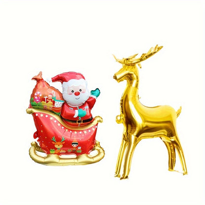 2Pcs Christmas Reindeer Sleigh Santa Balloon Set, 32" Golden Reindeer & Red Sled with Santa, Self-Sealing Aluminum Film Balloons for Christmas & New Year Party Decorations, Winter Holiday Decoration, No Electricity Needed