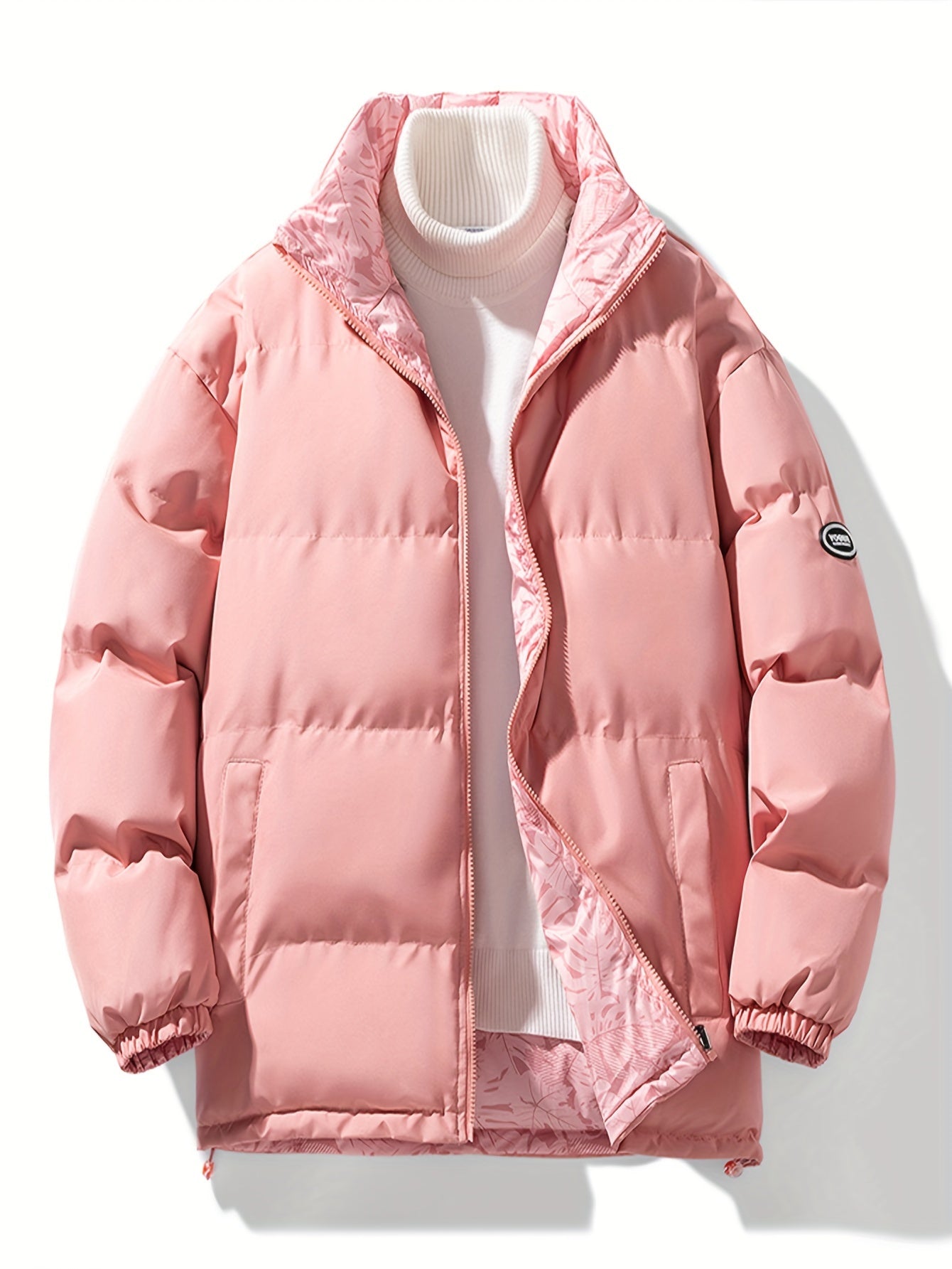 Men's Reversible Thick Jacket, Stand Collar Long Sleeves Full-Zip Down Jacket, Casual Fit Winter Wear