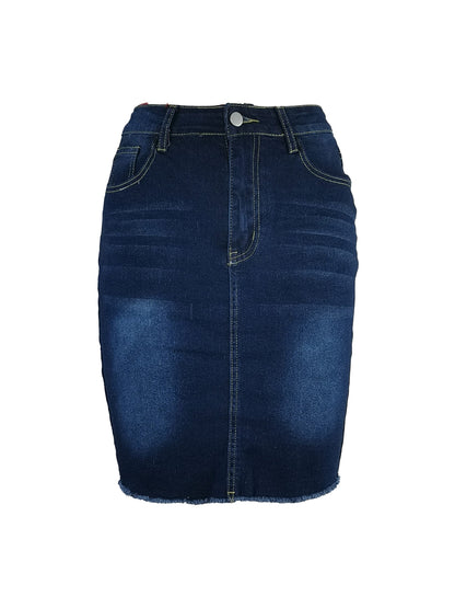 Stylish Dark Blue Slim Fit High Waist Denim Skirt - Women's Clothing, Raw Hem, Slash Pockets, High Denim, Short Denim Dress, Comfortable, Versatile, and Chic