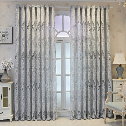 1pc European-Inspired Vintage Grey Hollow Feather Leaf Jacquard Woven Semi-Sheer Unlined Curtain with Grommet Top - Adds Elegance and Privacy to Your Living Room, Bedroom, Office, or Kitchen - Artsy, All-Season, Uncorded, and Easy to Hang