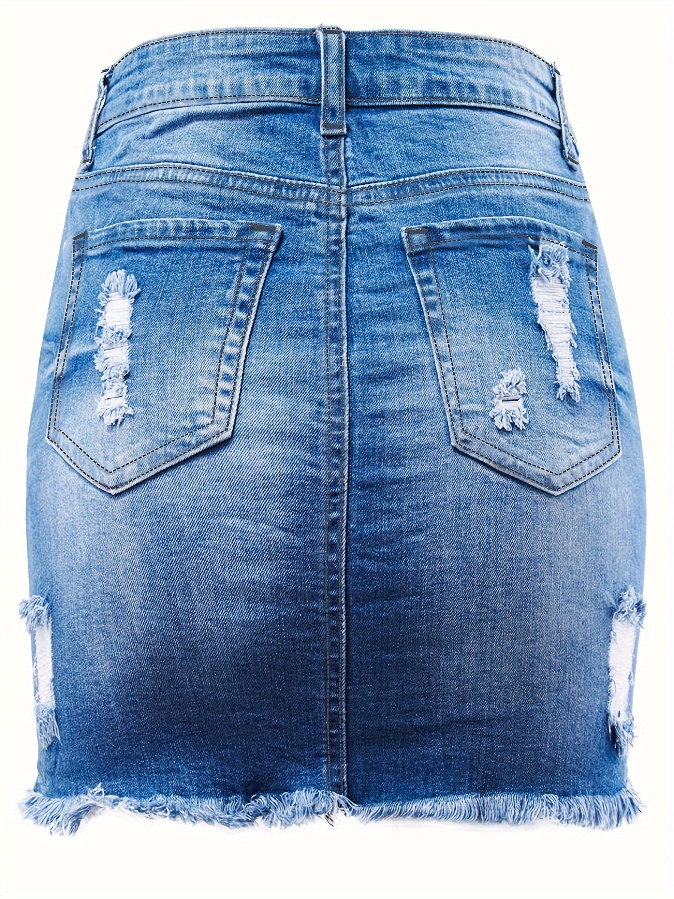 Plain Ripped Holes Denim Mini Skirt, Raw Hem High Stretch Distressed Denim Skirt, Women's Denim Clothing