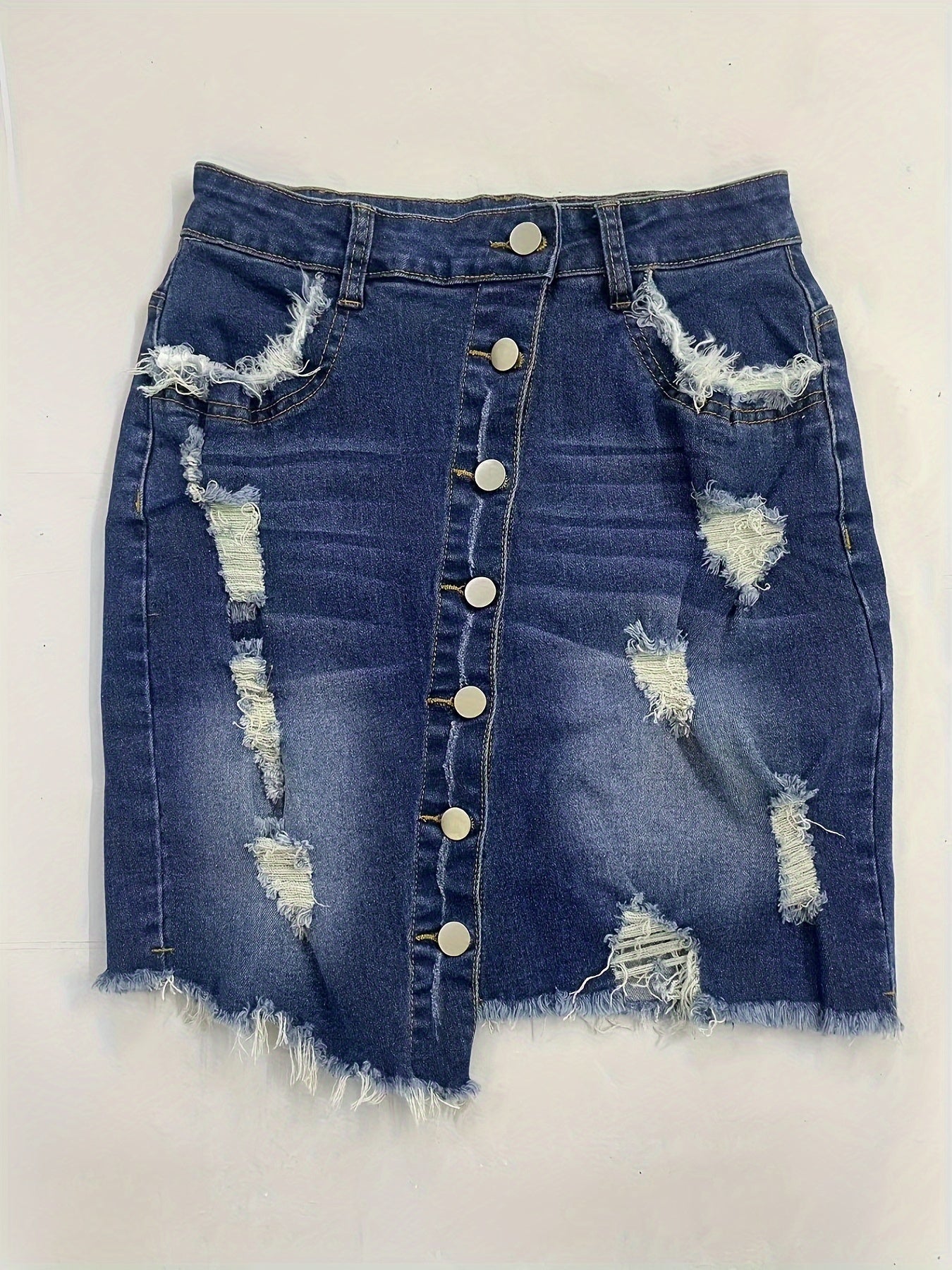 Chic Street-Style Denim Skirt: Distressed, Mid Waist, Bodycon Fit, Perfect for Spring to Fall, Easy Care