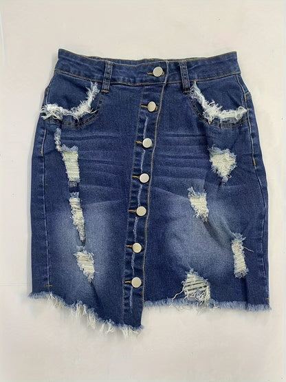 Chic Street-Style Denim Skirt: Distressed, Mid Waist, Bodycon Fit, Perfect for Spring to Fall, Easy Care