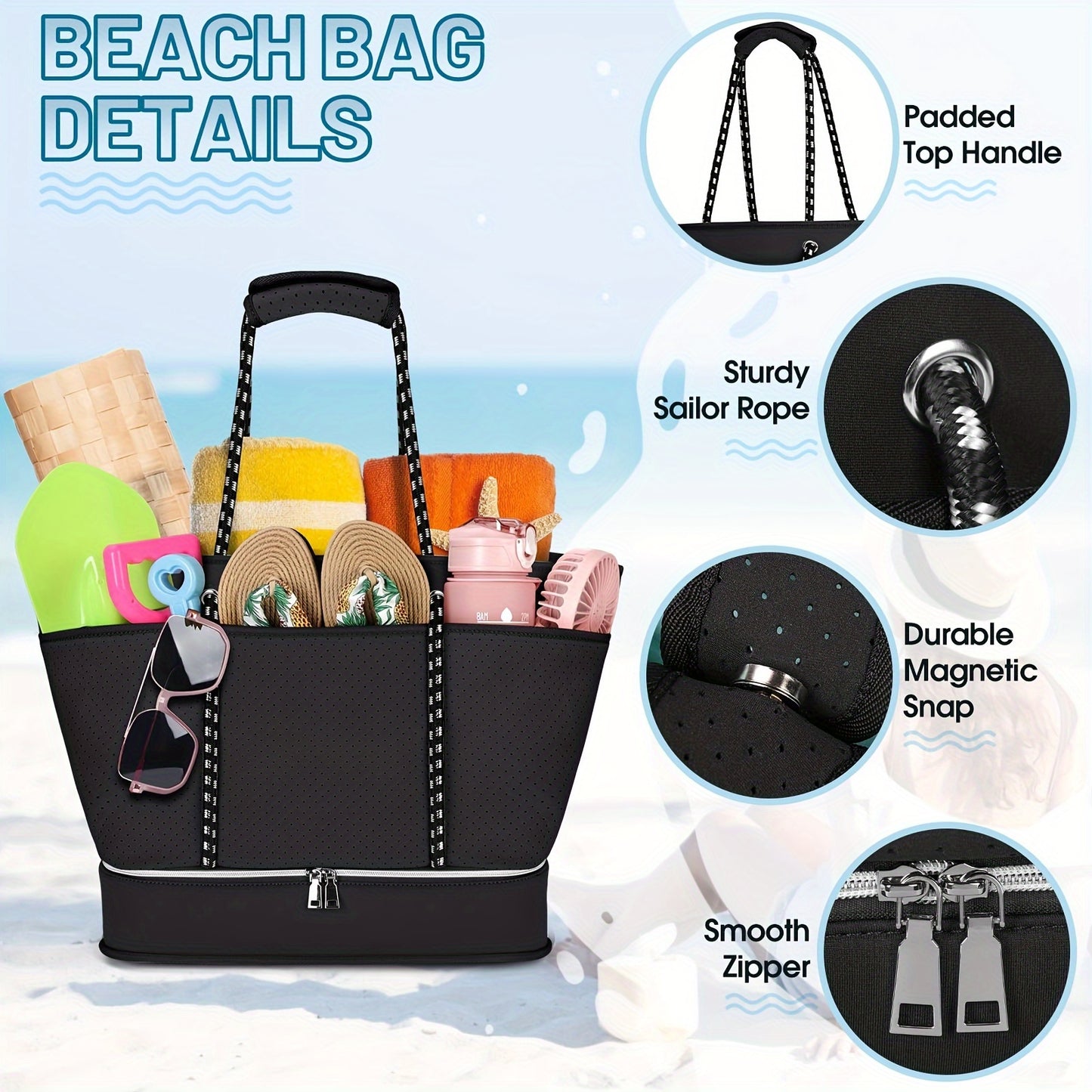 [Fast Arrival] 40L Large Waterproof Sandproof Beach Tote Bag - NUBILY Neoprene Beach Bags For Women With Shoe Compartment and Zipper