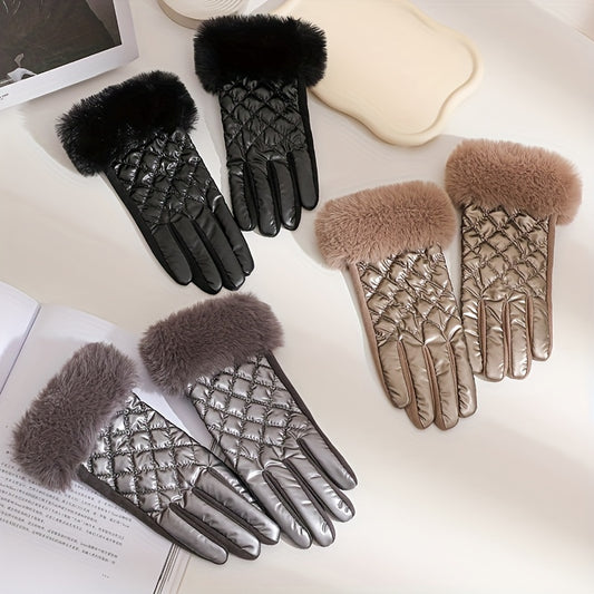 Women's Fashion Quilted Polyester Full Finger Gloves with Faux Fur Trim - Inelastic, Warm, Windproof, Knitted Craftsmanship for Weekend Casual Wear - Pack of 1 Pair