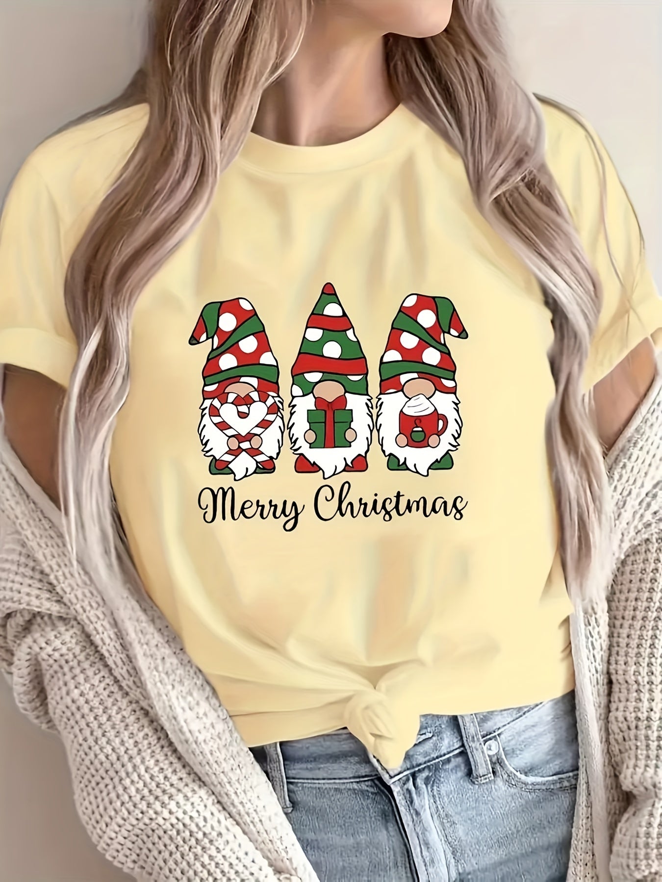 1pc Women'S Plus Size Merry Christmas Cartoon Gnomes T-Shirt, Casual Crew Neck Short Sleeve Top with Slight Stretch, Polyester Knit Fabric Pullover for All Seasons