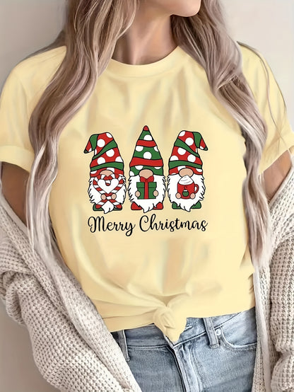 1pc Women'S Plus Size Merry Christmas Cartoon Gnomes T-Shirt, Casual Crew Neck Short Sleeve Top with Slight Stretch, Polyester Knit Fabric Pullover for All Seasons
